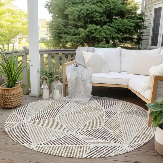 8' Brown Taupe And Beige Round Geometric Washable Indoor Outdoor Area Rug Photo 6