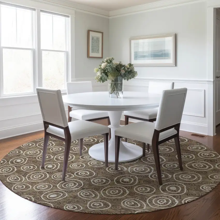8' Brown Taupe And Beige Round Geometric Washable Indoor Outdoor Area Rug Photo 8