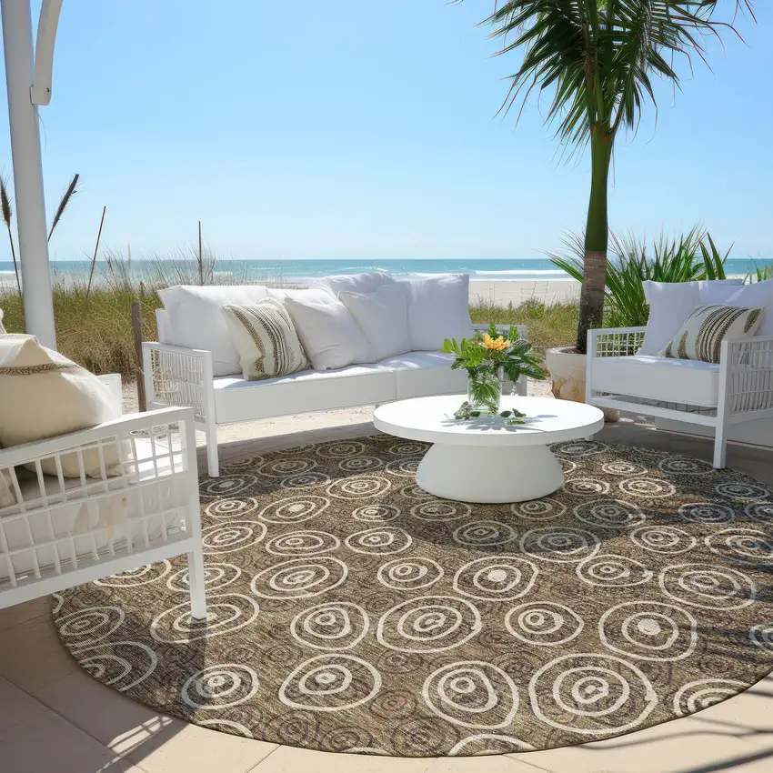 8' Brown Taupe And Beige Round Geometric Washable Indoor Outdoor Area Rug Photo 7