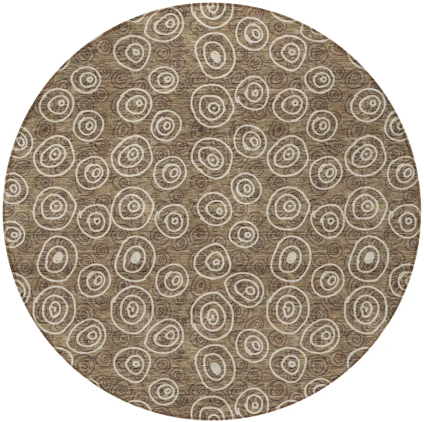8' Brown Taupe And Beige Round Geometric Washable Indoor Outdoor Area Rug Photo 5
