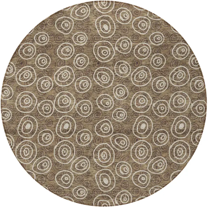 8' Brown Taupe And Beige Round Geometric Washable Indoor Outdoor Area Rug Photo 5