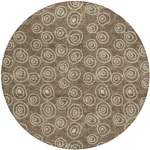 Photo of 8' Brown Taupe And Beige Round Geometric Washable Indoor Outdoor Area Rug