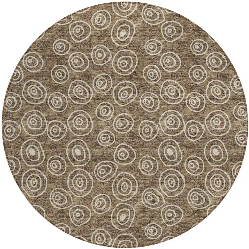 8' Brown Taupe And Beige Round Geometric Washable Indoor Outdoor Area Rug Photo 1
