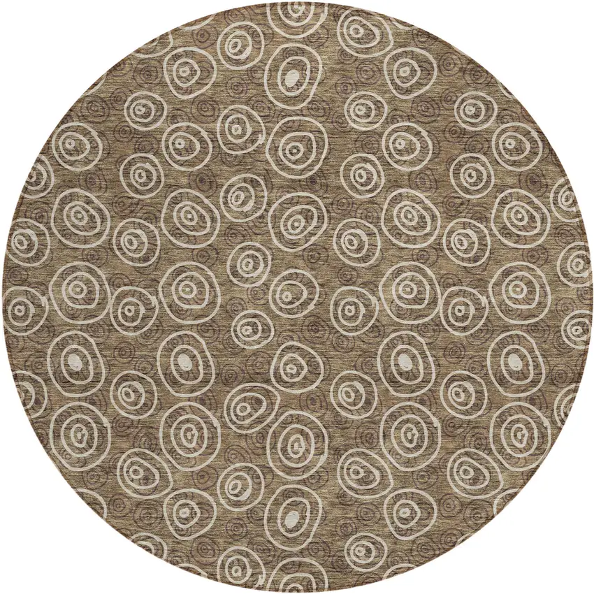 8' Brown Taupe And Beige Round Geometric Washable Indoor Outdoor Area Rug Photo 1