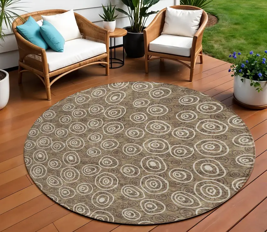 8' Brown Taupe And Beige Round Geometric Washable Indoor Outdoor Area Rug Photo 1