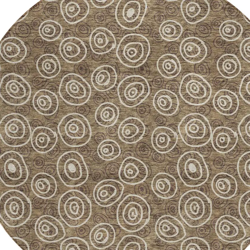 8' Brown Taupe And Beige Round Geometric Washable Indoor Outdoor Area Rug Photo 4