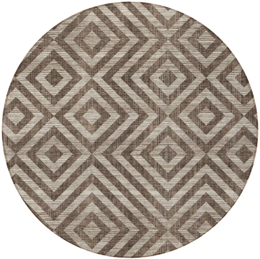 8' Brown Taupe And Beige Round Geometric Washable Indoor Outdoor Area Rug Photo 6