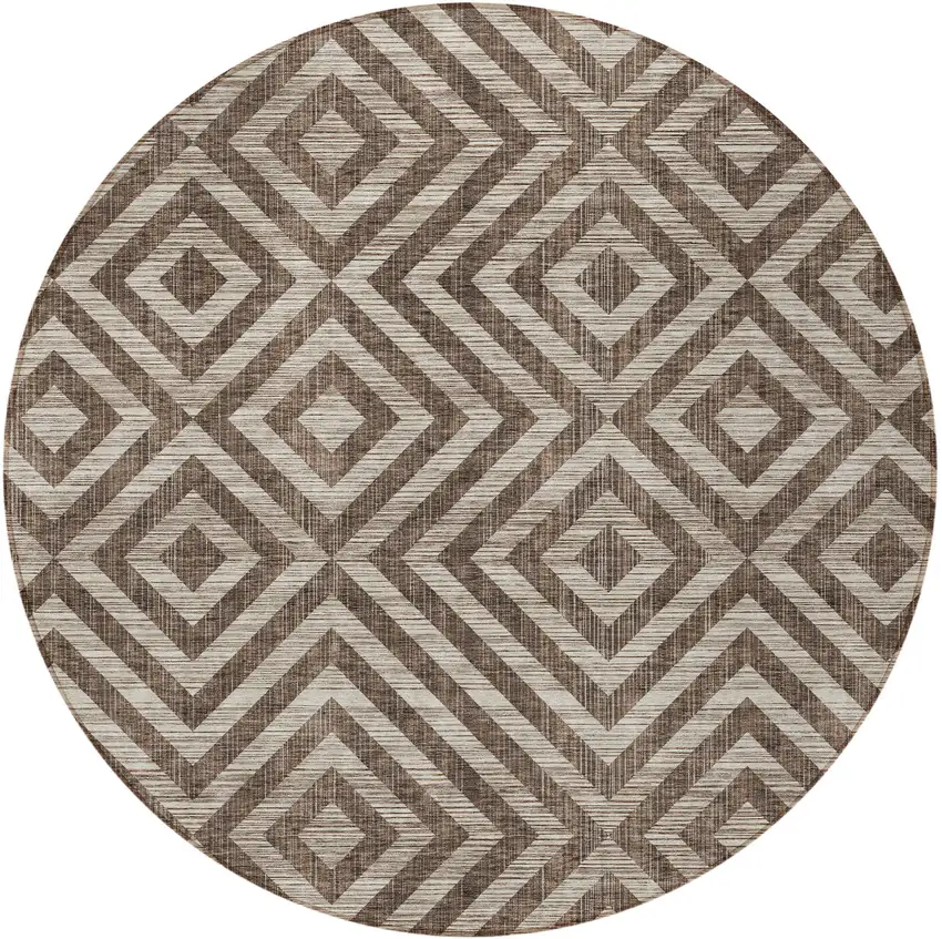 8' Brown Taupe And Beige Round Geometric Washable Indoor Outdoor Area Rug Photo 6