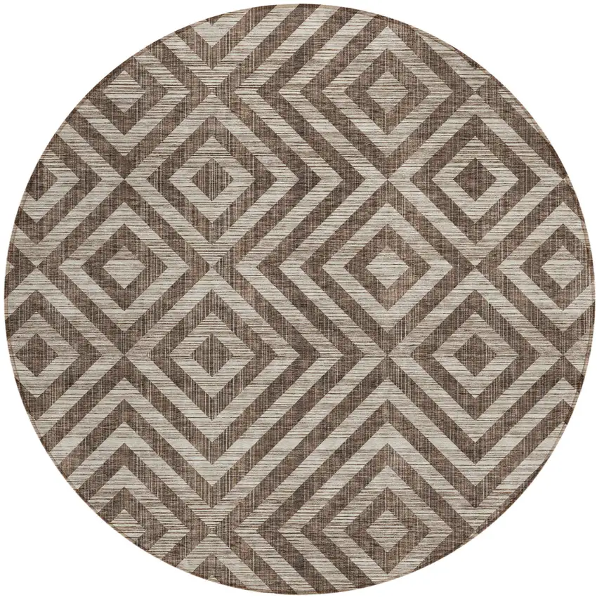 8' Brown Taupe And Beige Round Geometric Washable Indoor Outdoor Area Rug Photo 1