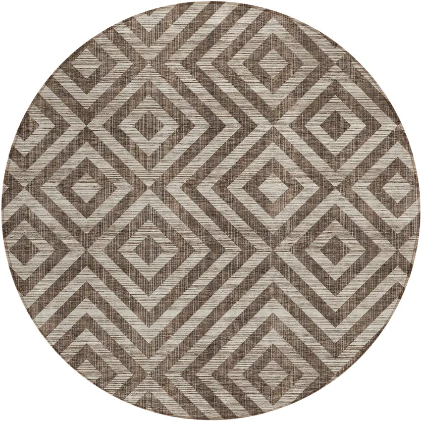 8' Brown Taupe And Beige Round Geometric Washable Indoor Outdoor Area Rug Photo 1