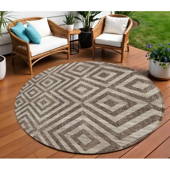 8' Brown Taupe And Beige Round Geometric Washable Indoor Outdoor Area Rug Photo 1