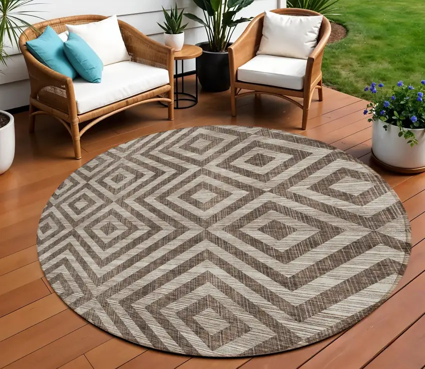 8' Brown Taupe And Beige Round Geometric Washable Indoor Outdoor Area Rug Photo 1