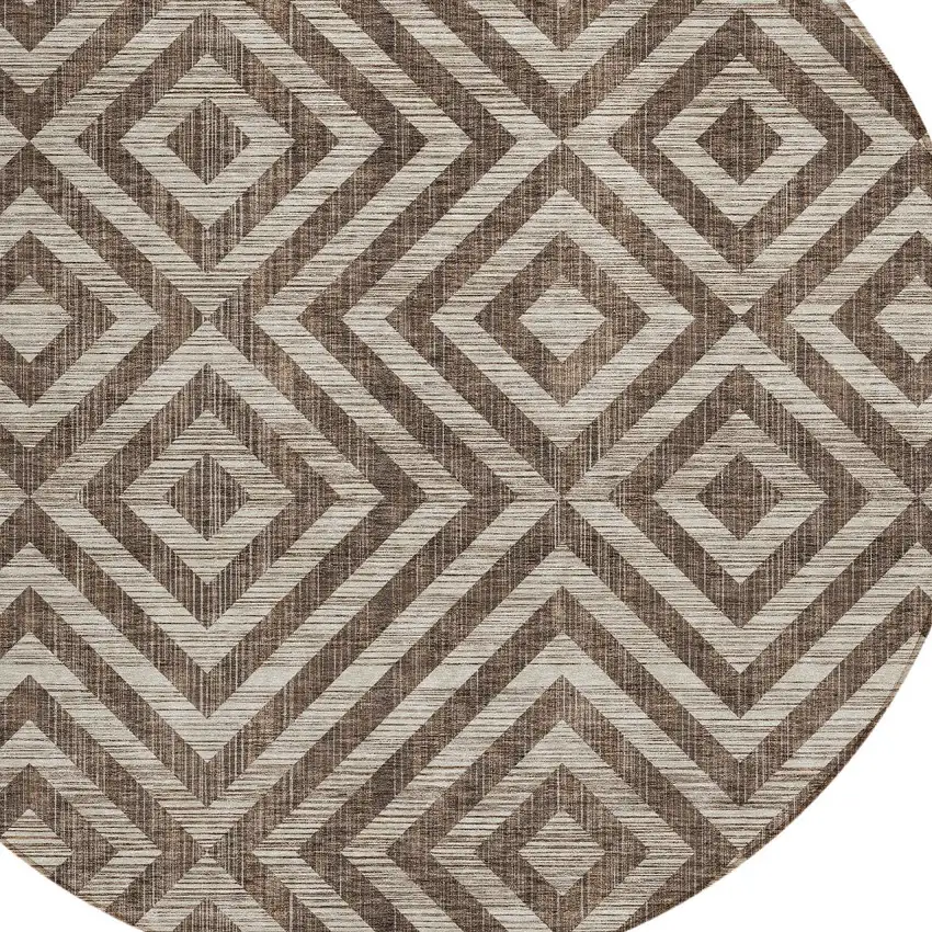 8' Brown Taupe And Beige Round Geometric Washable Indoor Outdoor Area Rug Photo 5