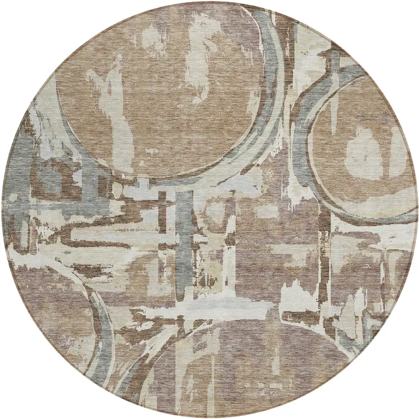 8' Brown Taupe And Beige Round Geometric Washable Indoor Outdoor Area Rug Photo 2