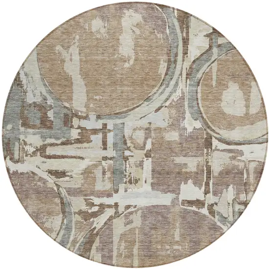 8' Brown Taupe And Beige Round Geometric Washable Indoor Outdoor Area Rug Photo 2