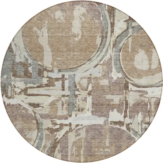 8' Brown Taupe And Beige Round Geometric Washable Indoor Outdoor Area Rug Photo 2