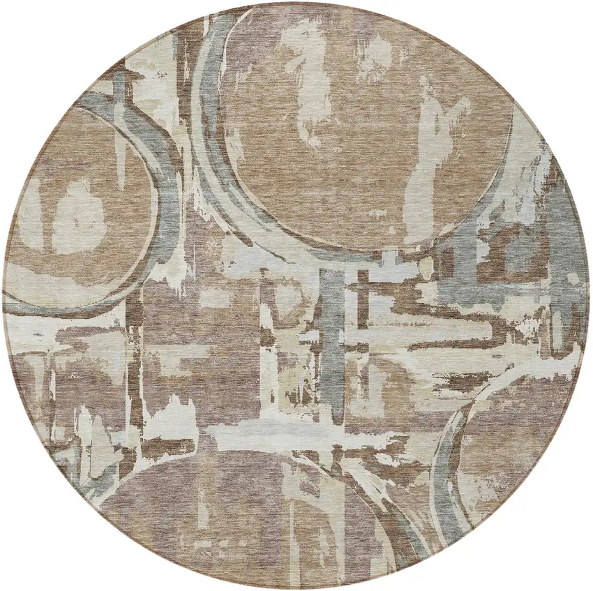 8' Brown Taupe And Beige Round Geometric Washable Indoor Outdoor Area Rug Photo 8