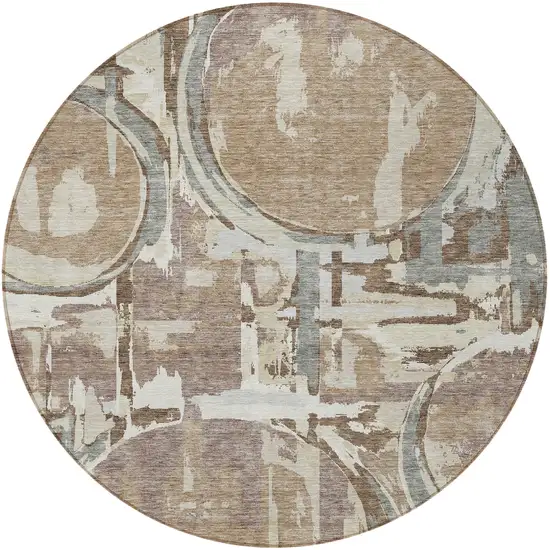 8' Brown Taupe And Beige Round Geometric Washable Indoor Outdoor Area Rug Photo 8