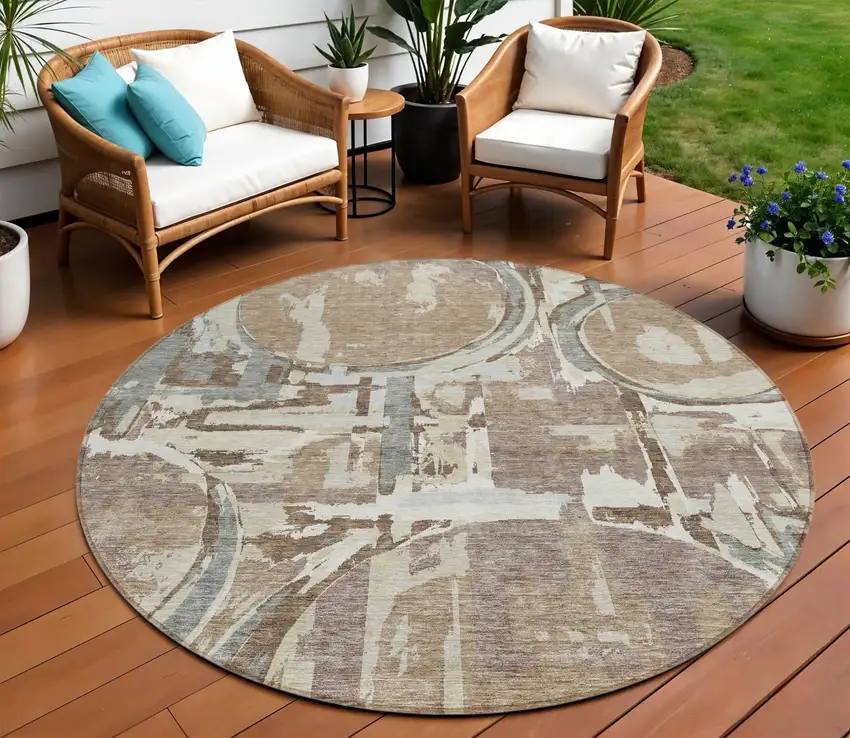 8' Brown Taupe And Beige Round Geometric Washable Indoor Outdoor Area Rug Photo 1