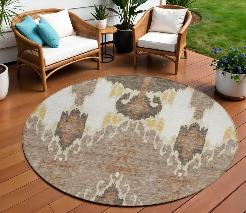 8' Brown Taupe And Beige Round Ikat Washable Indoor Outdoor Area Rug Photo 1