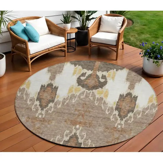 8' Brown Taupe And Beige Round Ikat Washable Indoor Outdoor Area Rug Photo 1