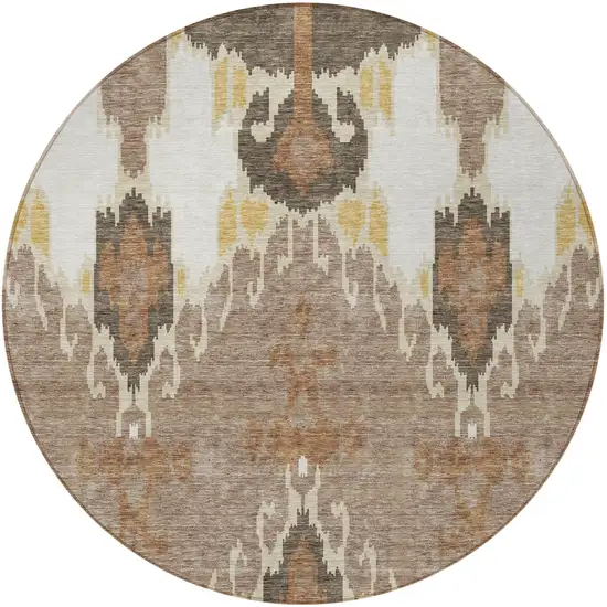 8' Brown Taupe And Beige Round Ikat Washable Indoor Outdoor Area Rug Photo 5
