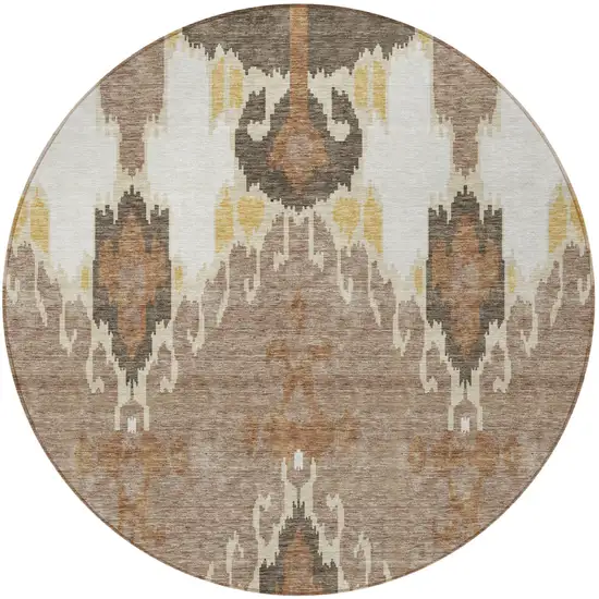 8' Brown Taupe And Beige Round Ikat Washable Indoor Outdoor Area Rug Photo 5
