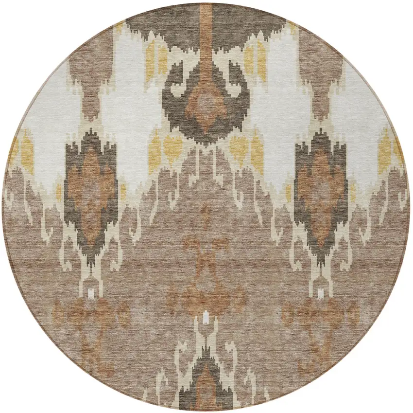 8' Brown Taupe And Beige Round Ikat Washable Indoor Outdoor Area Rug Photo 5