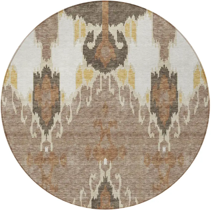 8' Brown Taupe And Beige Round Ikat Washable Indoor Outdoor Area Rug Photo 5