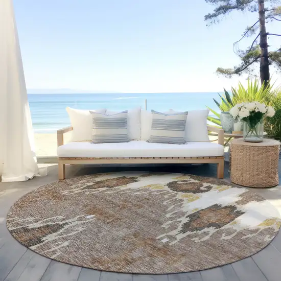 8' Brown Taupe And Beige Round Ikat Washable Indoor Outdoor Area Rug Photo 6