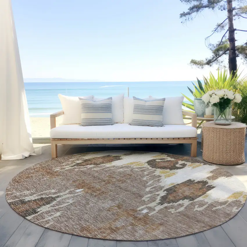 8' Brown Taupe And Beige Round Ikat Washable Indoor Outdoor Area Rug Photo 6
