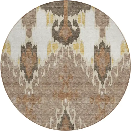 8' Brown Taupe And Beige Round Ikat Washable Indoor Outdoor Area Rug Photo 1