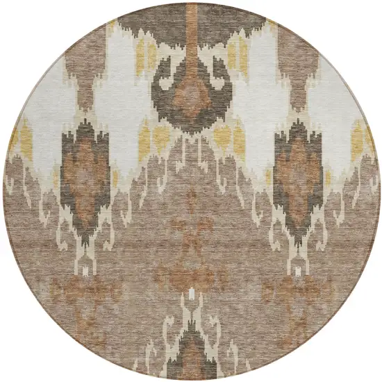 8' Brown Taupe And Beige Round Ikat Washable Indoor Outdoor Area Rug Photo 1
