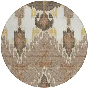 Photo of 8' Brown Taupe And Beige Round Ikat Washable Indoor Outdoor Area Rug
