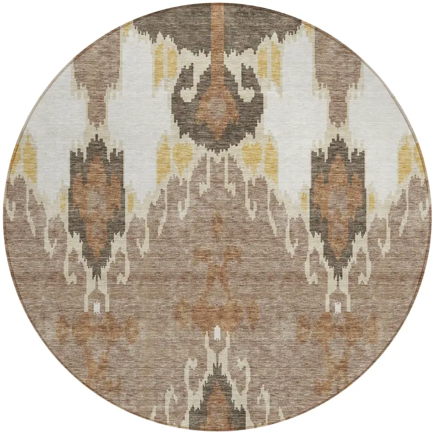 8' Brown Taupe And Beige Round Ikat Washable Indoor Outdoor Area Rug Photo 1