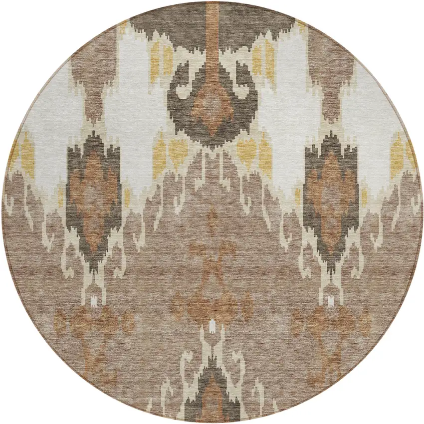 8' Brown Taupe And Beige Round Ikat Washable Indoor Outdoor Area Rug Photo 1