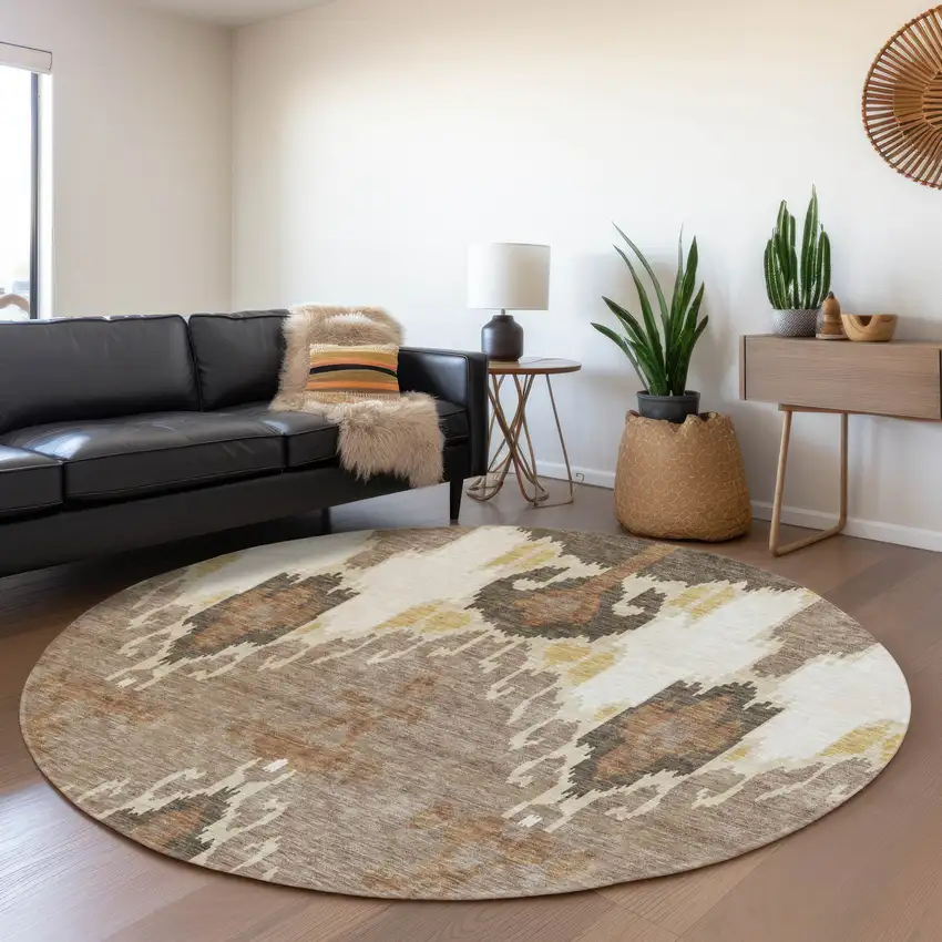 8' Brown Taupe And Beige Round Ikat Washable Indoor Outdoor Area Rug Photo 7