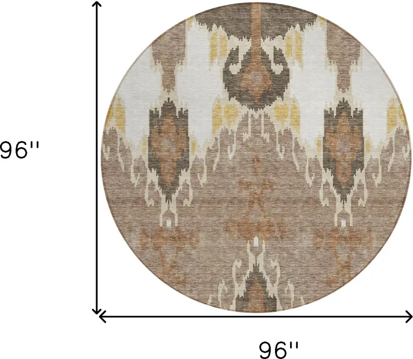 8' Brown Taupe And Beige Round Ikat Washable Indoor Outdoor Area Rug Photo 8