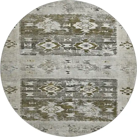 8' Brown Taupe And Beige Southwestern Washable Round Rug With UV Protection Photo 1