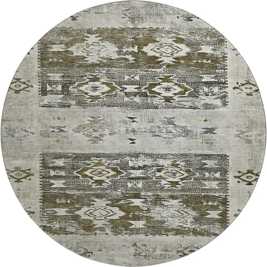 8' Brown Taupe And Beige Southwestern Washable Round Rug With UV Protection Photo 1