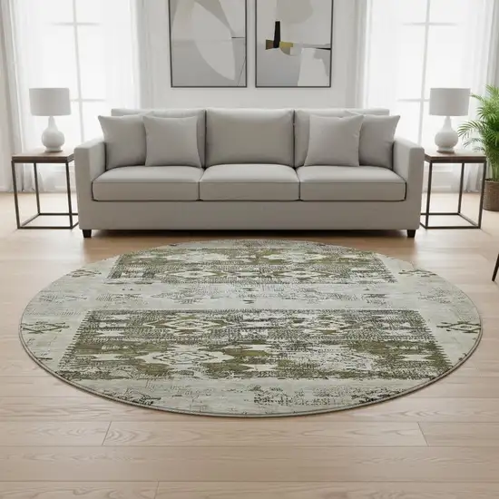 8' Brown Taupe And Beige Southwestern Washable Round Rug With UV Protection Photo 2