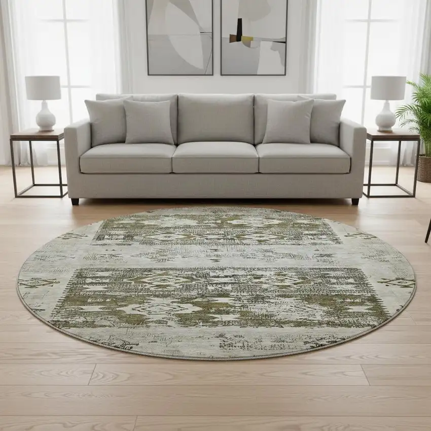 8' Brown Taupe And Beige Southwestern Washable Round Rug With UV Protection Photo 2