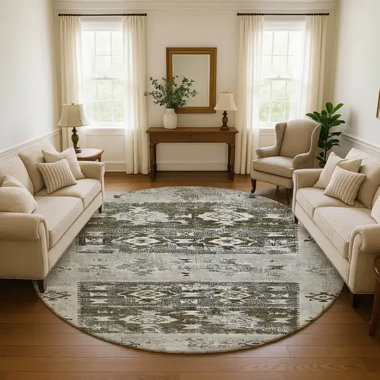 8' Brown Taupe And Beige Southwestern Washable Round Rug With UV Protection Photo 4