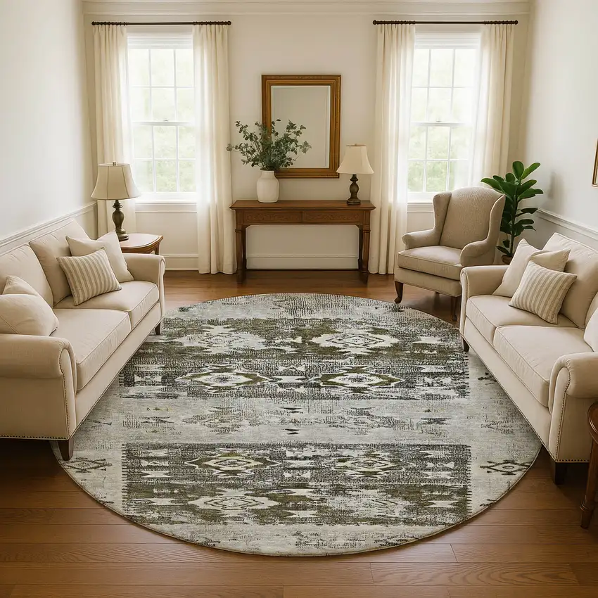 8' Brown Taupe And Beige Southwestern Washable Round Rug With UV Protection Photo 4