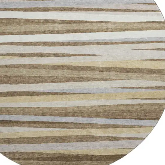8' Brown Taupe And Beige Striped Washable Round Rug With UV Protection Photo 2