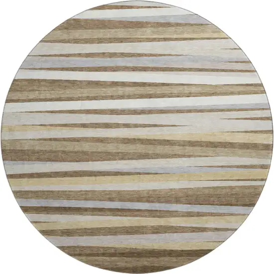 8' Brown Taupe And Beige Striped Washable Round Rug With UV Protection Photo 1