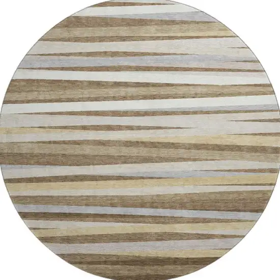 8' Brown Taupe And Beige Striped Washable Round Rug With UV Protection Photo 3