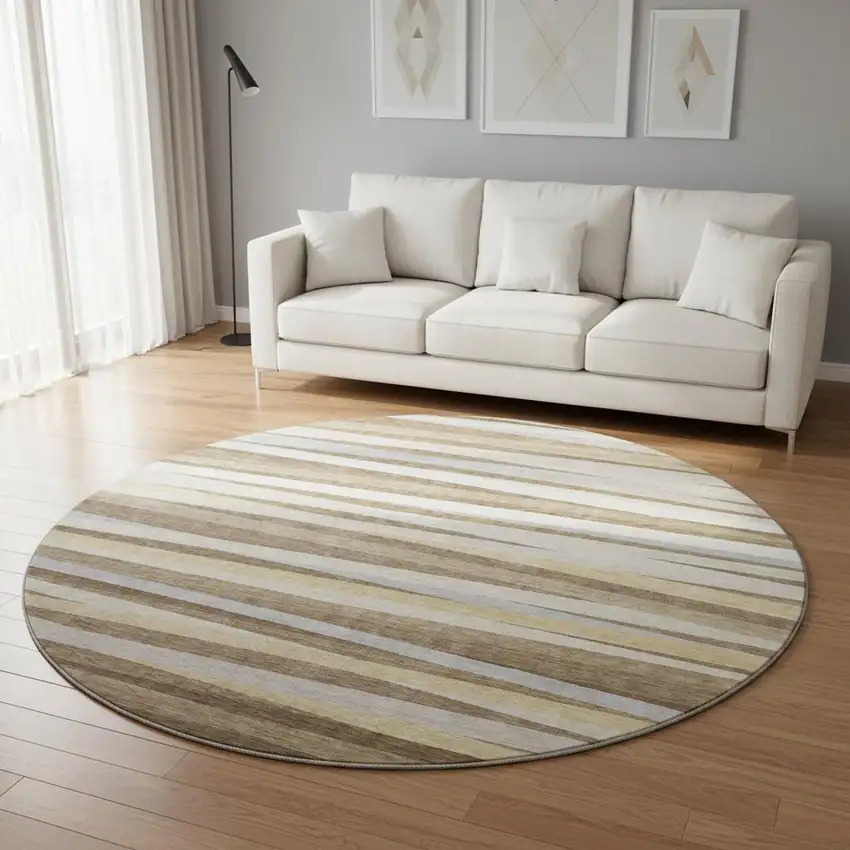 8' Brown Taupe And Beige Striped Washable Round Rug With UV Protection Photo 2
