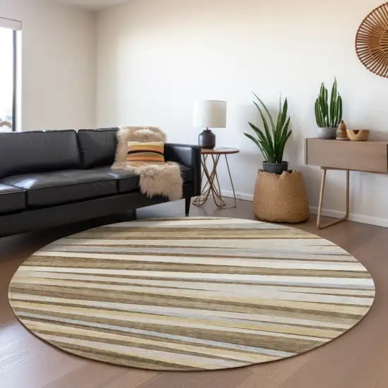 8' Brown Taupe And Beige Striped Washable Round Rug With UV Protection Photo 4