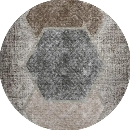 8' Brown Taupe And Charcoal Geometric Washable Round Rug With UV Protection Photo 1